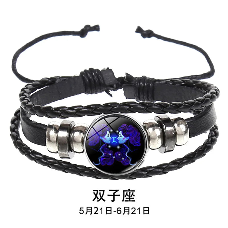 12 Constellation Zodiac Sign Charm Luminous Bracelets Men Women Vintage Multilayer Wrap Leather Chain Bangle Birthday Jewelry Pi-Mart
