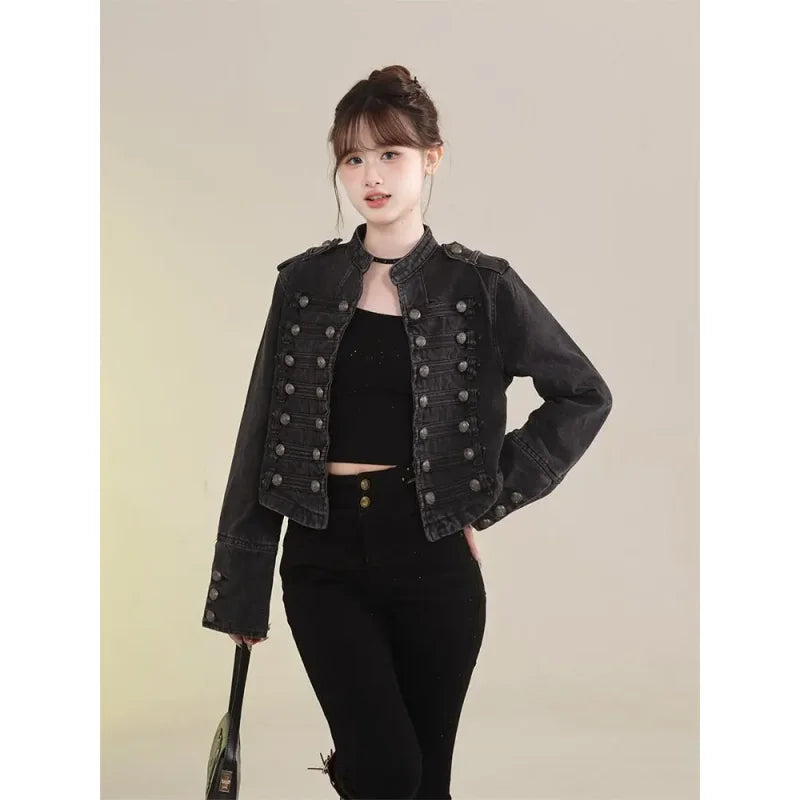 Women's American Retro Denim Military Inspired Cropped Jacket Long Sleeve Stand Collar Casual Motorcycle Coat LadyShow.Store