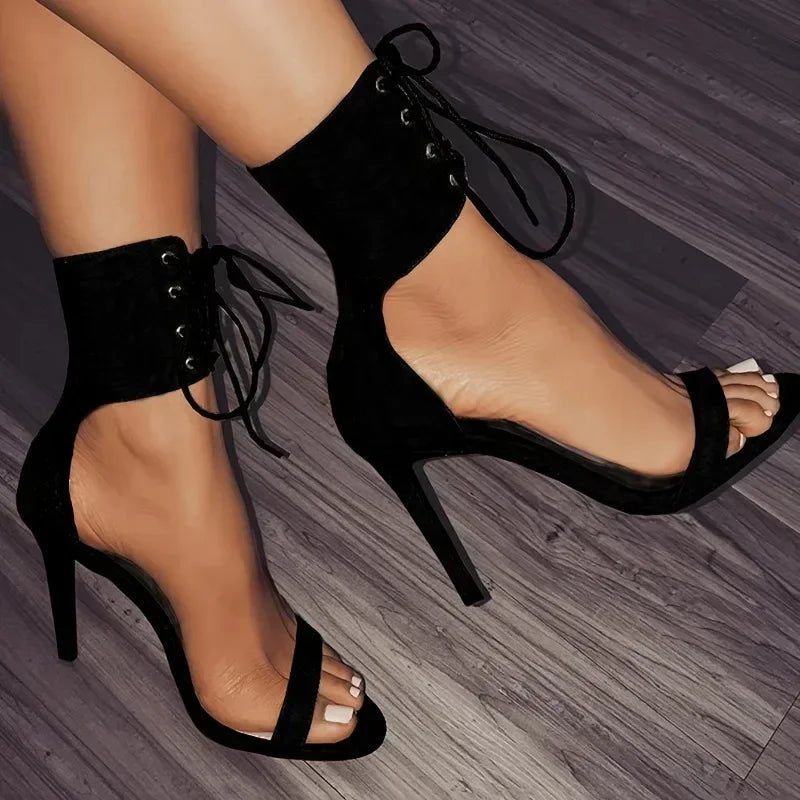 Black Gladiator Sandals For Women 2024 Summer Sexy Open Toe Belt Buckle Cover Heeled Thin High Heels Shoes Club Party Pumps LadyShow.Store