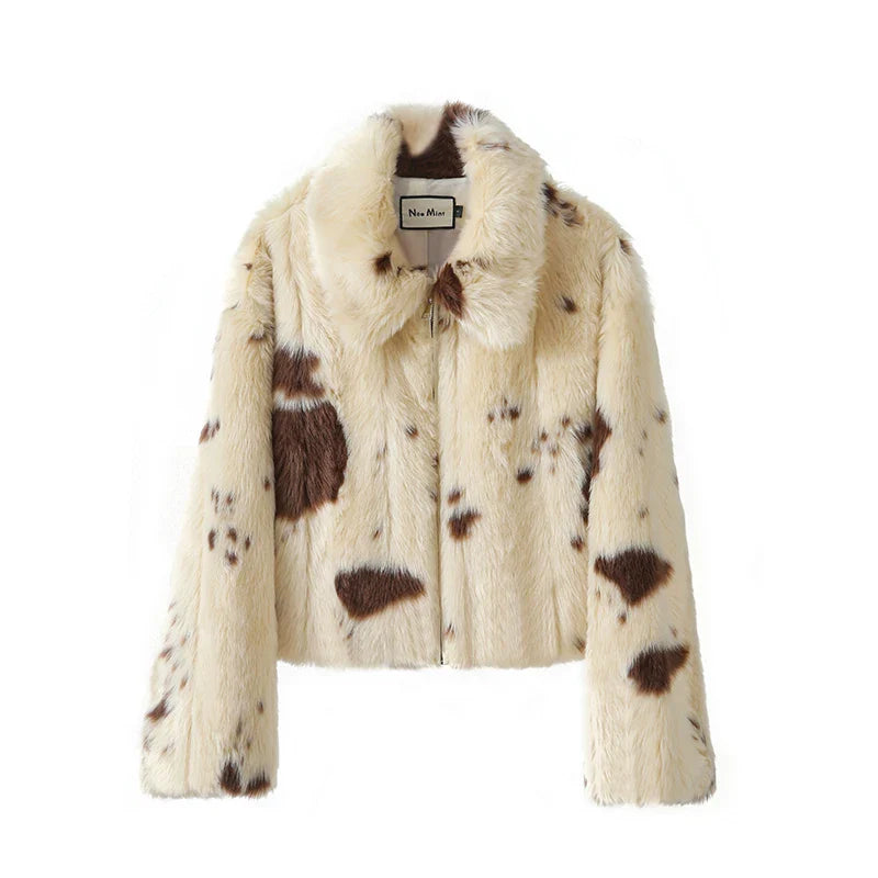 Neo Mint Chic Street Girls Cow Print Fur Coat Women 2025 Winter New Brand Fashion Warm Faux Fur Jacket Autumn Iconic Streetwear LadyShow.Store