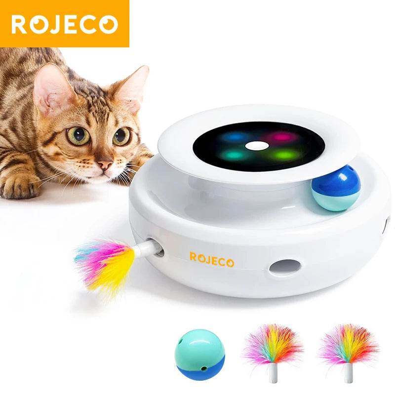 ROJECO 2 in 1 Smart Cat Toys Automatic Feather Fun Ball Toy Set For Cat Dog 5 Modes Electronic Interactive Pet Toy Accessories Pi-Mart