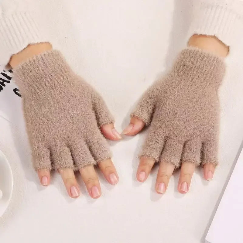 Hot sale! Women's Plush Half Finger Touchscreen Winter Gloves Soft Fashion Warm Imitation Mink Cashmere for Driving, winter work Pi-Mart