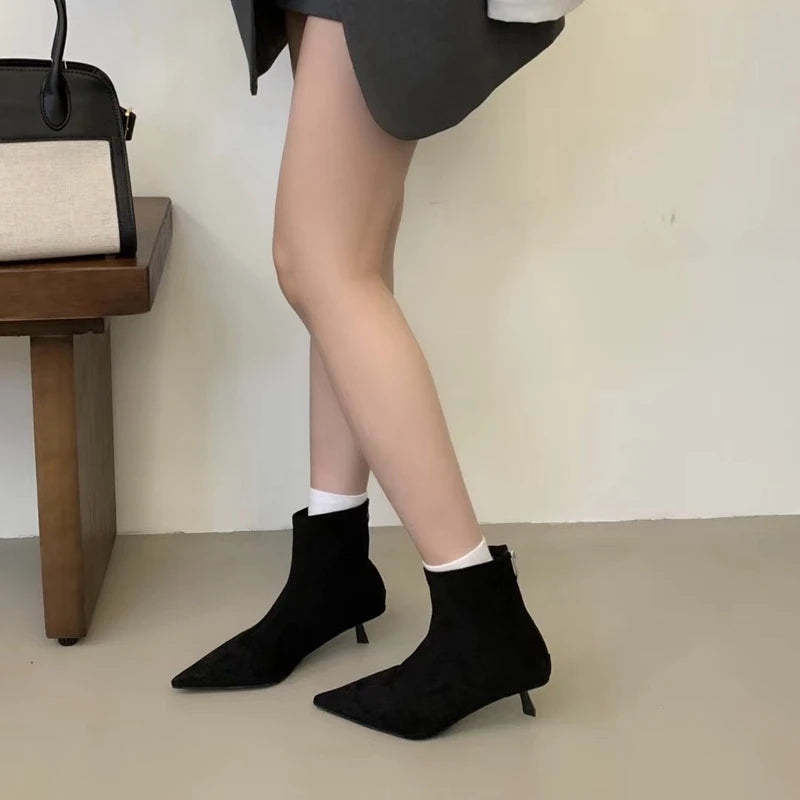 SUOJIALUN 2024 Winter New Brand Women Short Boots Fashion Pointed Toe Ladies Elegant Ankle Boots Thin High Heel Dress Pumps Shoe Pi-Mart