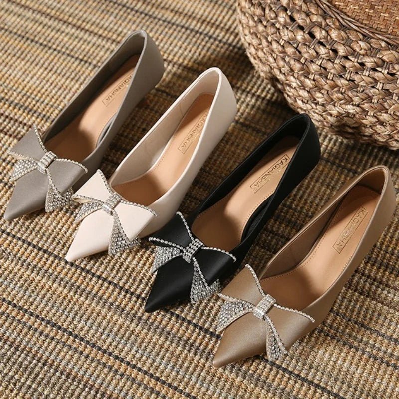 High Quality Satin Rhinestone Bowknot Design Kitten Heel Pumps Women Pointed Toe Elegant Party Shoes Luxury Wedding Bride Heels LadyShow.Store