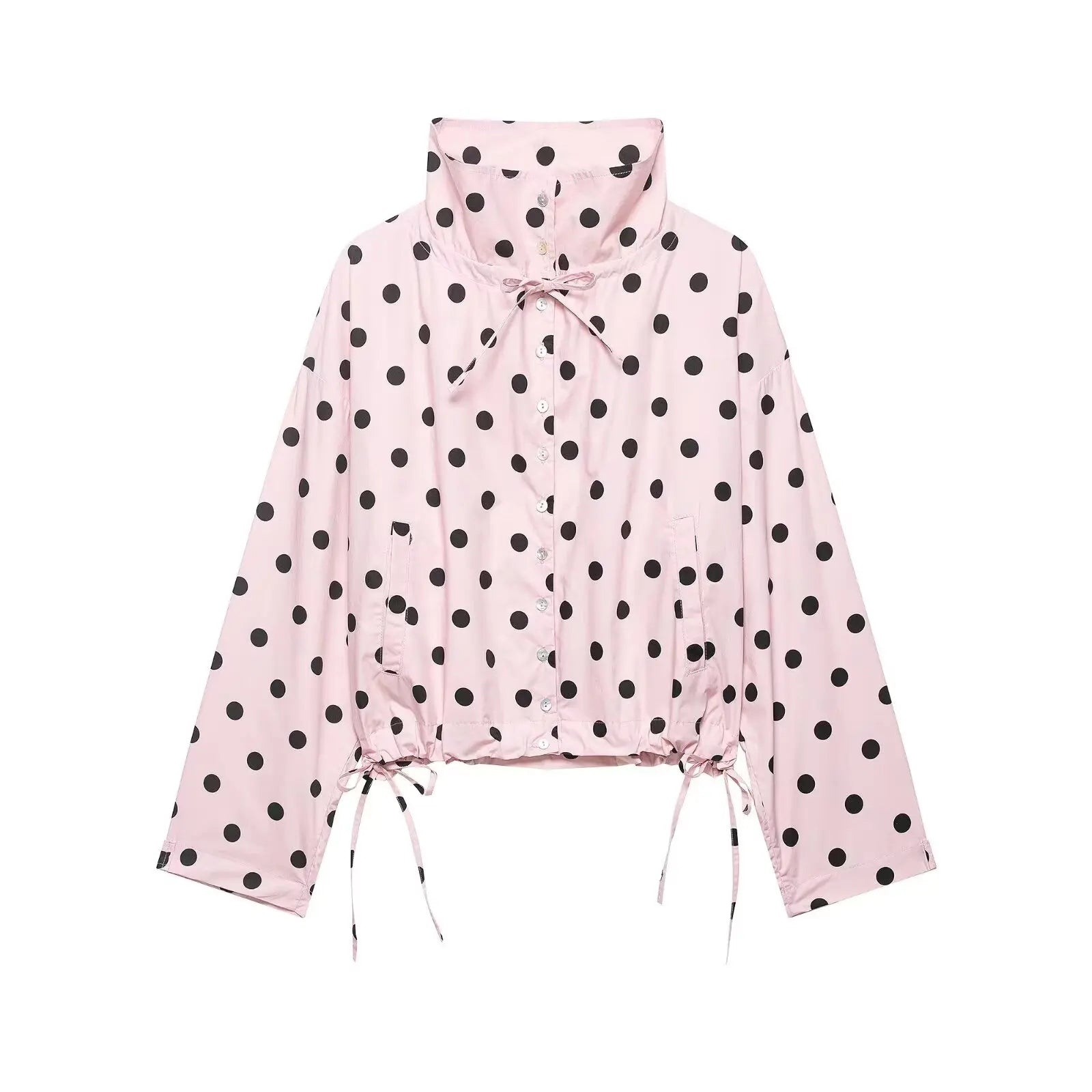 HH Women Elegant Fashion Polka Dot Pink Jacket Single Breasted High Collar Drawstring Coat Spring Lady Trend Street Outwear LadyShow.Store