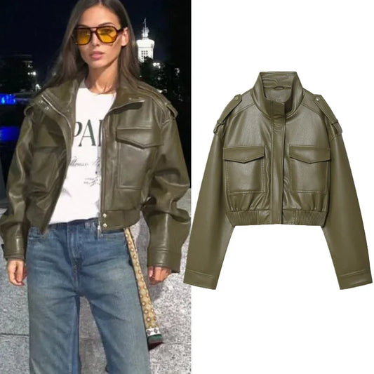 Women's Jacket Faux Leather Jacket Green Women's Demi-Season Jacket Outerwears Women's Autumn New In Coat Windbreaker Streetwear LadyShow.Store