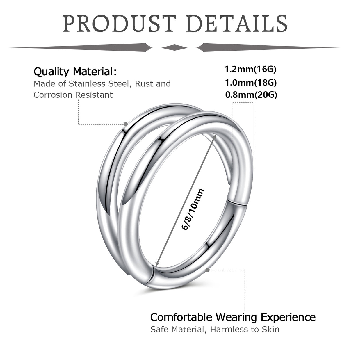Double Septum Rings Nose Rings Hoops Cartilage Hoop Earring Piercing Nose Open Stacked Hoop Nose Rings 16G 18G 20G 6/8/10mm Pi-Mart