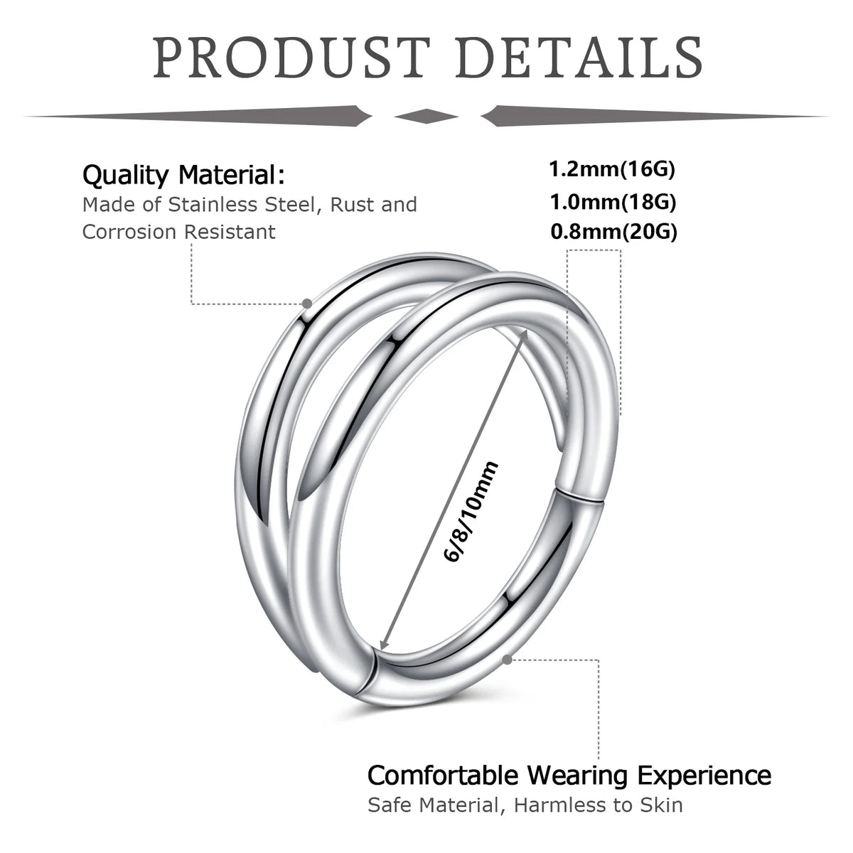Double Septum Rings Nose Rings Hoops Cartilage Hoop Earring Piercing Nose Open Stacked Hoop Nose Rings 16G 18G 20G 6/8/10mm Pi-Mart