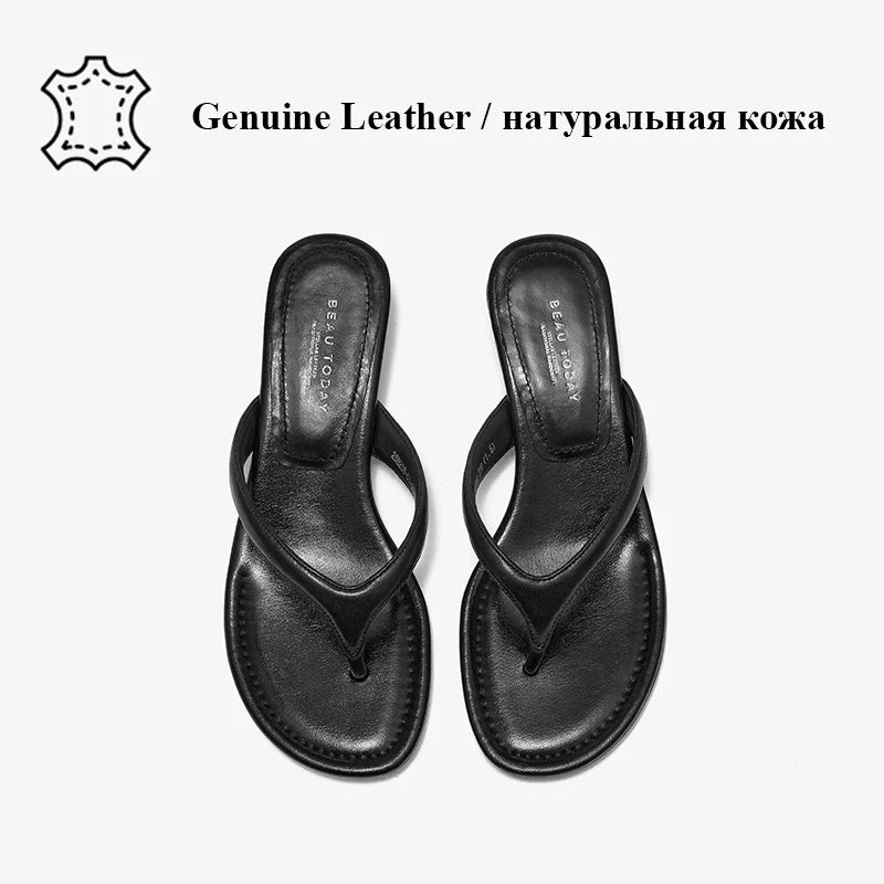 BEAUTODAY Casual Flip Flops Women Sheepskin Leather T-Strap Open Toe Solid Slippers Outdoors Ladies Elavated Retro Shoes 35139 LadyShow.Store