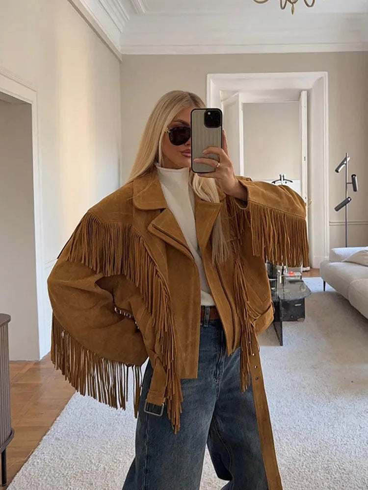 Brown Retro Suede Lapel Zippered Short Jackets Women's Casual Full Sleeves Pocket Loose Coats 2026 Spring Daily Commute Outwear LadyShow.Store
