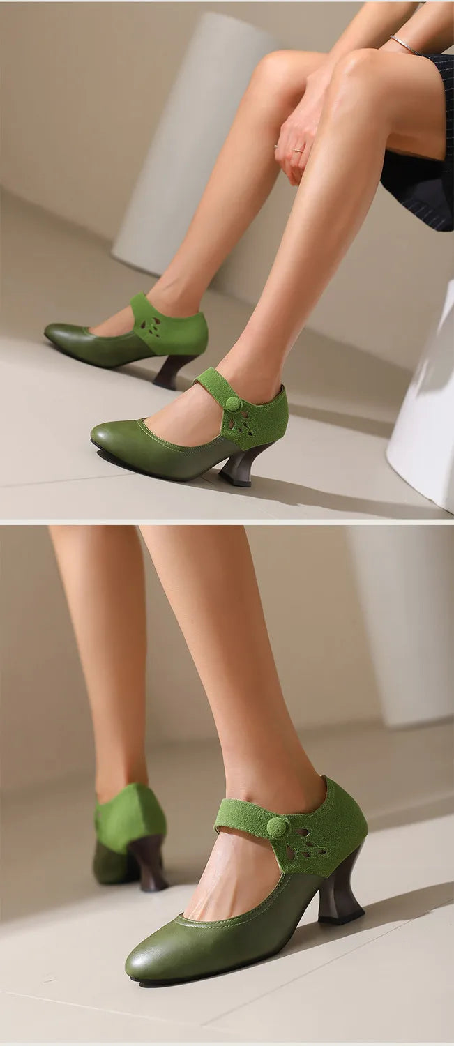 Summer Spring Cute Women Pumps Round Toe 6.5cm Small Heels Flock and PU Ankle Strap Buckle Green Yellow Big Size 46 48 Pi-Mart