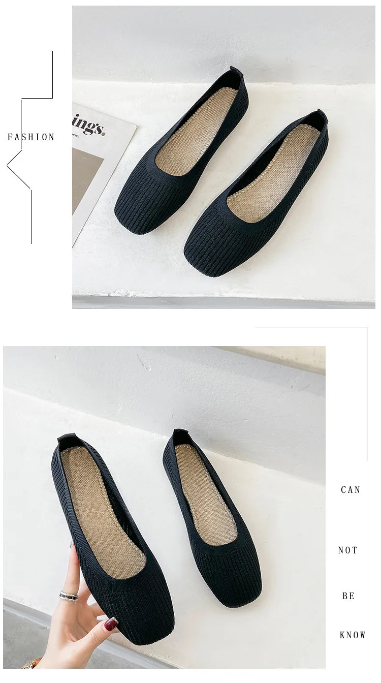 Women Leisure Flats Summer Autumn Flat Shoes Breathable Knitted Square Toe Slip-on Female Daily Walking Driving Loafers Pi-Mart