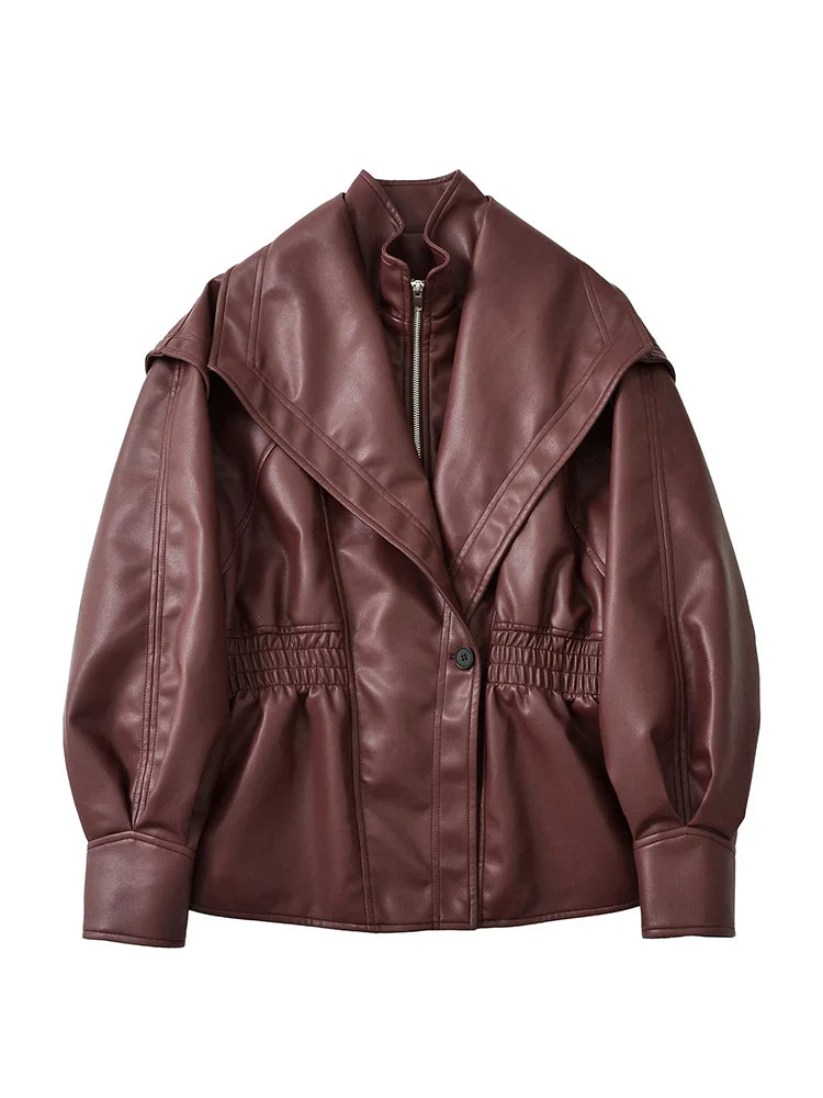 Ailegogo New Spring Autumn Women Vintage Loose Elastic Waist Zipper Black Faux Leather Jacket Outwear LadyShow.Store