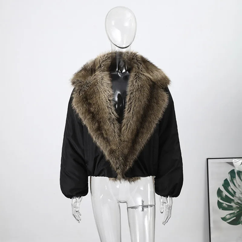 Fashion Faux Fur Patchwork Cotton Coat Women Lapel Zipper Pocket Cropped Street Warm Jacket 2026 Winter Lady Puffer Jackets New Pi-Mart