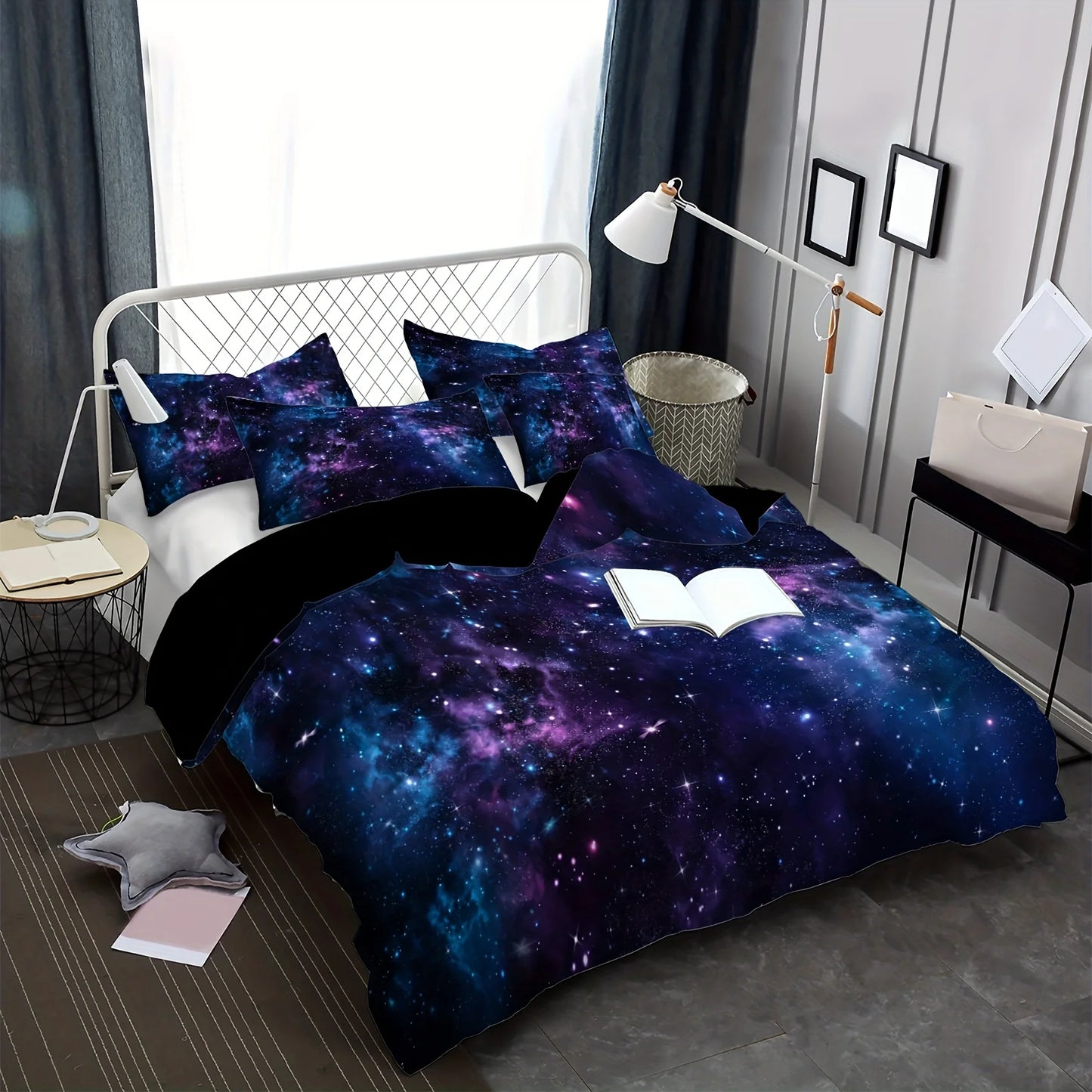 Soft and Comfortable Purple Star Galaxy Print Duvet Cover Set - Washable Microfiber Bedding for Bedroom and Guest Room Pi-Mart
