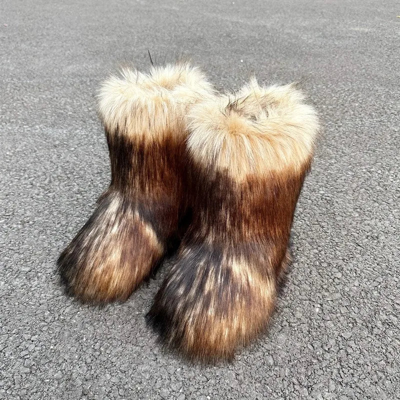 New Winter Fur Onepiece Raccoon Fur Female Snow Boots Fur Shoes Outdoor Mid Leg Boots LadyShow.Store