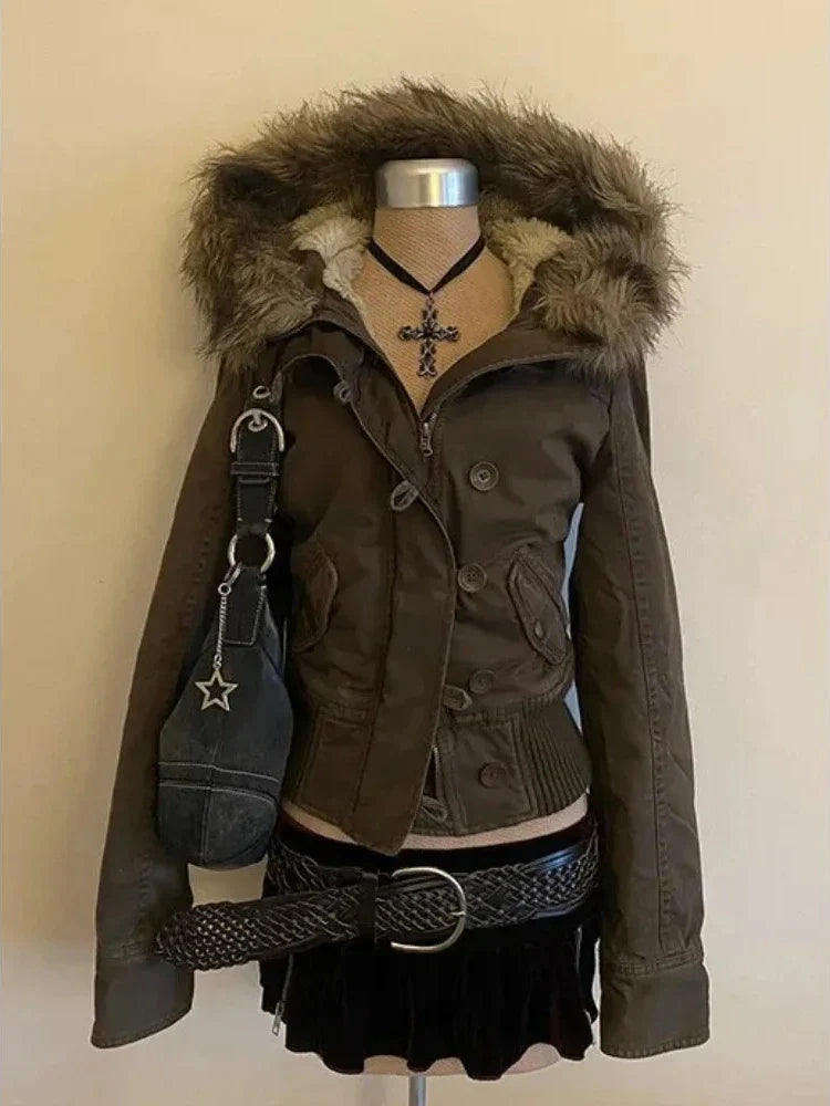 Subculture Harajuku Vintage Safari Coats with Hooded Women Zipper Sweatshirts Casual Streetwear Grunge Jacket Y2k Stand Neck LadyShow.Store