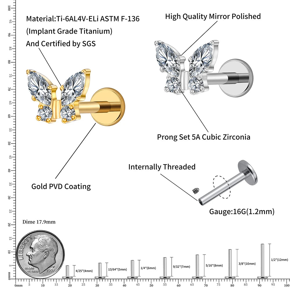 Right Grand ASTM F136 Titanium 16G Mini Butterfly CZ Labret Tragus Cartilage Conch Forward Helix Stud Nose Piercing Body Jewelry Pi-Mart