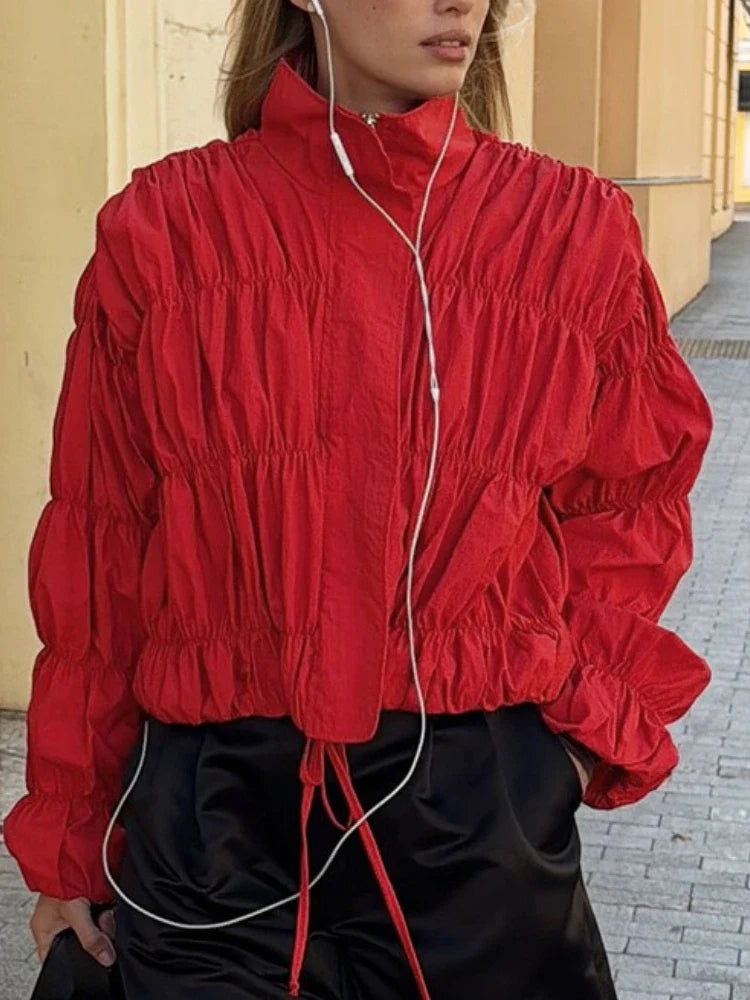 Tossy Solid Commuting Pleated Jackets For Women Long Sleeves Stand Collar Loose Streetwear Cropped 2025 Coat Female Jacket Coat LadyShow.Store