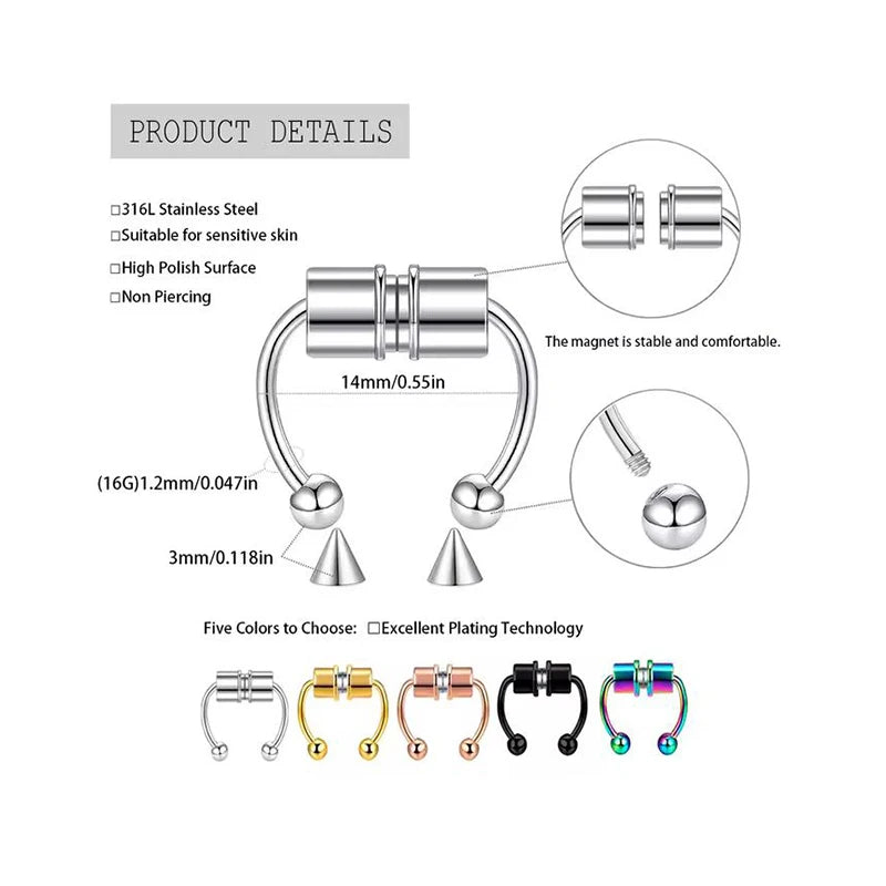 Punk Hip Hop Non-Pierced Magnetic Nose Ring For Ladies, Stainless Steel Clip On Fake Septum Jewelry Halloween Party Accessory Pi-Mart