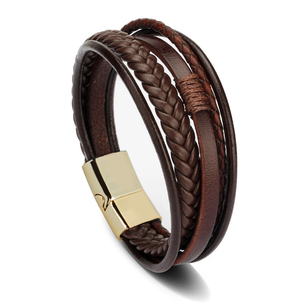 Trendy Leather Bracelets For Men Stainless Steel Bracelet 21CM Multilayer Braided Rope Bracelets for Male Jewelry Gifts Pi-Mart