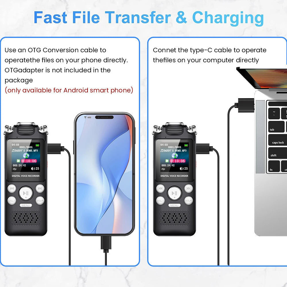 Professional Voice Activated Digital Audio Voice Recorder 8GB 16GB 32G Noise Cancelling Recording PCM Support OTG WAV MP3 Player Pi-Mart