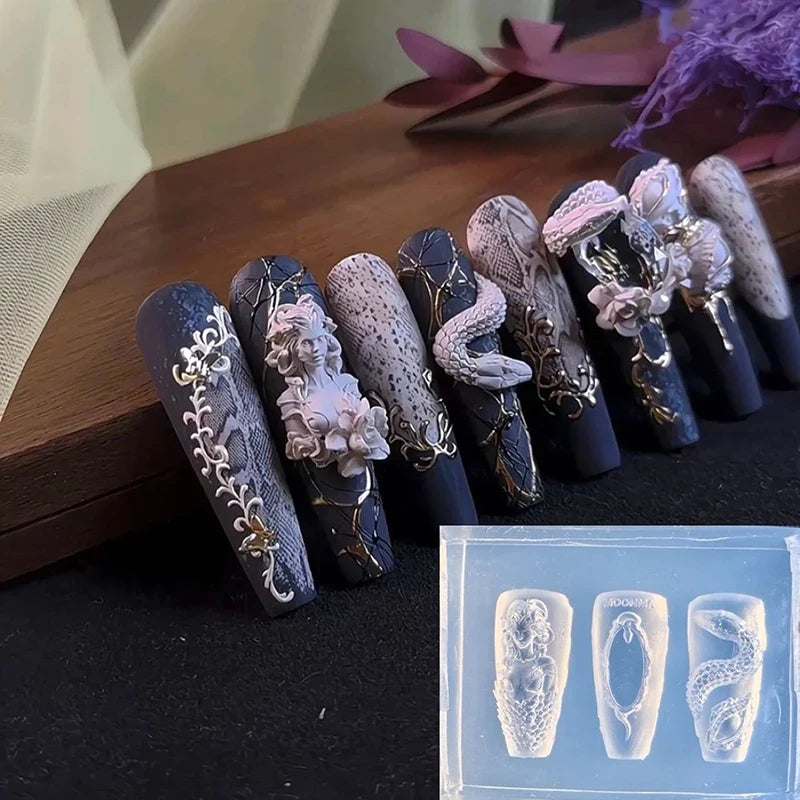 1 Pcs 3D Snake Girl Nail Silicone Carving Mold Snake DIY Nail Decoration Art Nail Beauty Charm Silicone Nail Mold Nails Products Tri Light Beauty