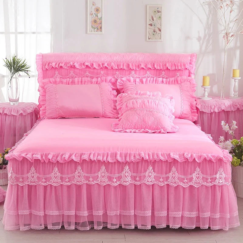 1 Piece Lace Bed Skirt +2pieces Pillowcases bedding set Princess Bedding Bedspreads sheet Bed For Girl bed Cover King/Queen size LadyShow.Store