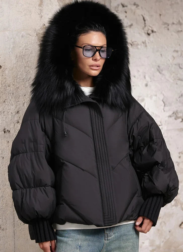 Women Winter Goose Down Jackets Real Fox Fur Collar Hooded Thick Natural Raccoon Fur Female Outwear Warm Loose Puffer Coats LadyShow.Store