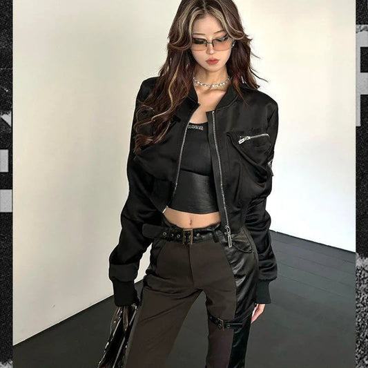 Y2k Bomber Jacket Women Baseball Jersey Jacket Zip Cropped Coat High Waist Spring Autumn Long Sleeve Outerwear Trend Tops Black LadyShow.Store