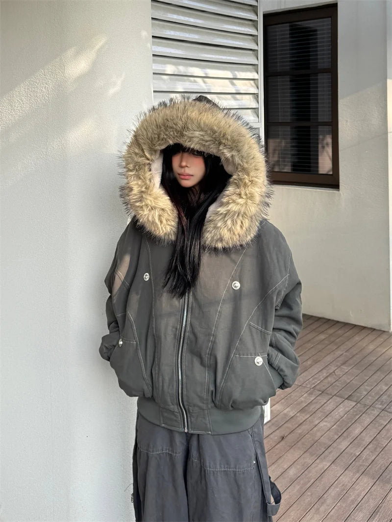 ZAROY Fur Collar Hooded Parkas Y2k Harajuku Thicken Padded Jackets Casual Zipper Gothic Women&Men Winter Coats Streetwear кур Pi-Mart