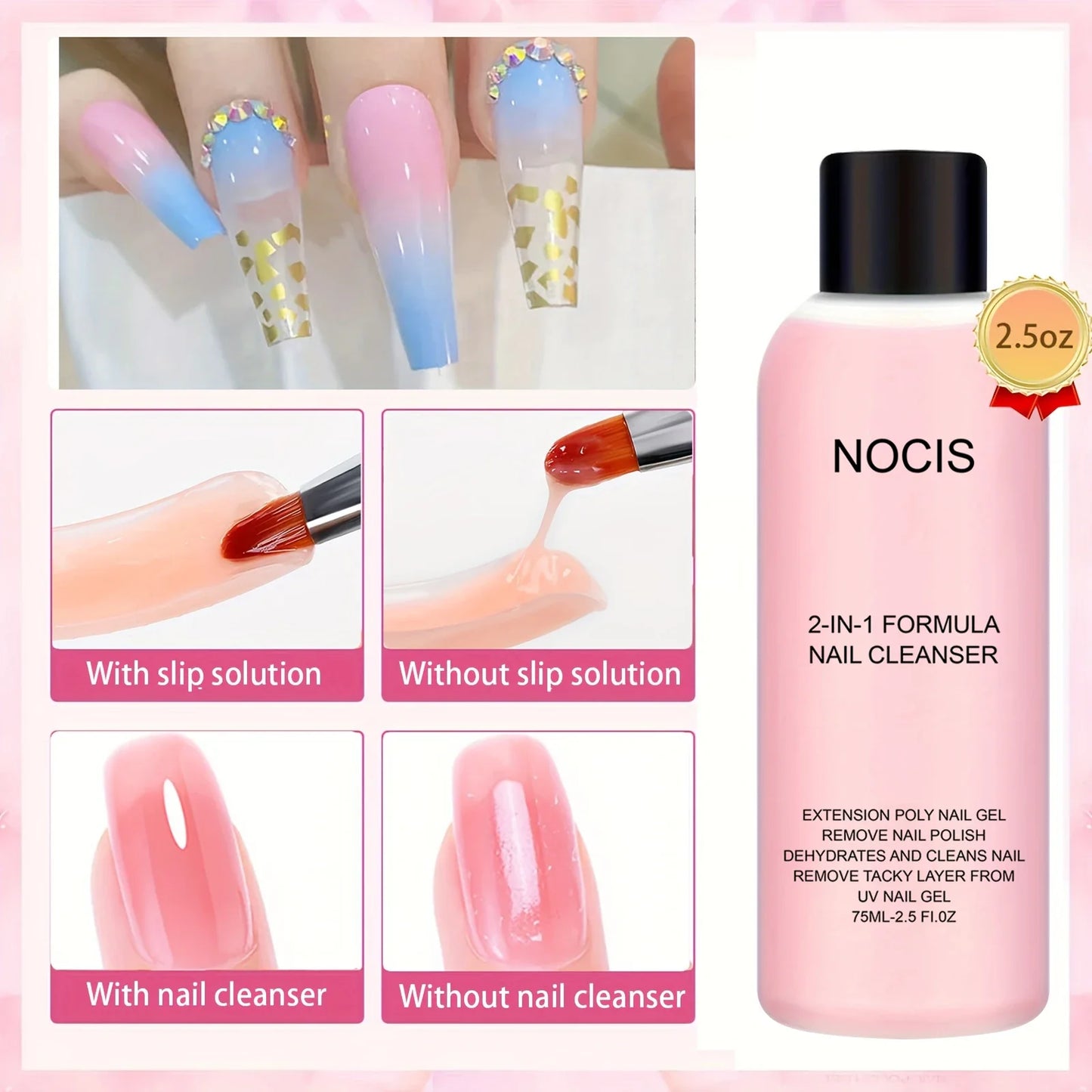 2in 1 Gel Cleanser for Nails & Polish Remover, Professional Slip Solution for Poly Gel Nails for & LED Gel, Anti-Stick Formula, Tri Light Beauty