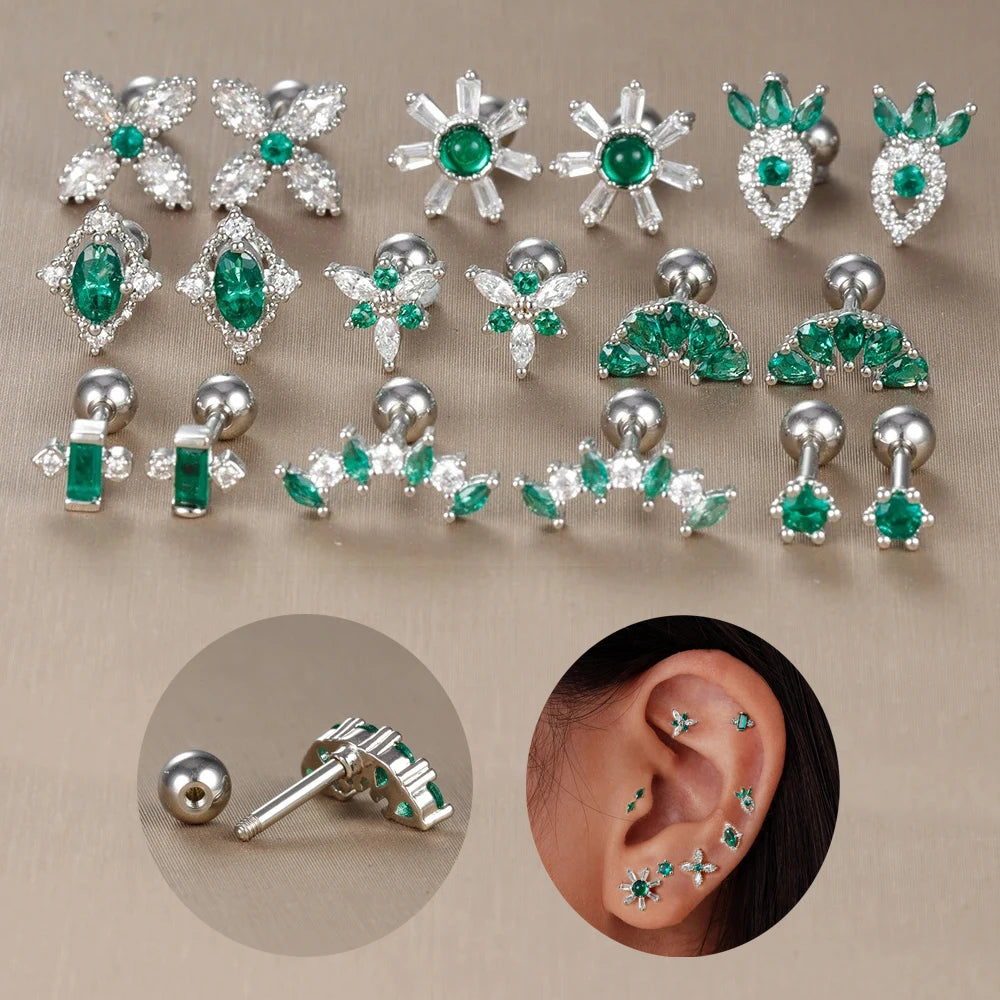 2PC Stainless Steel Little Stud Earring for Women Tiny Green Crystal Zirconia Cartilage Helix Tragus Piercing Earrings Jewelry Pi-Mart