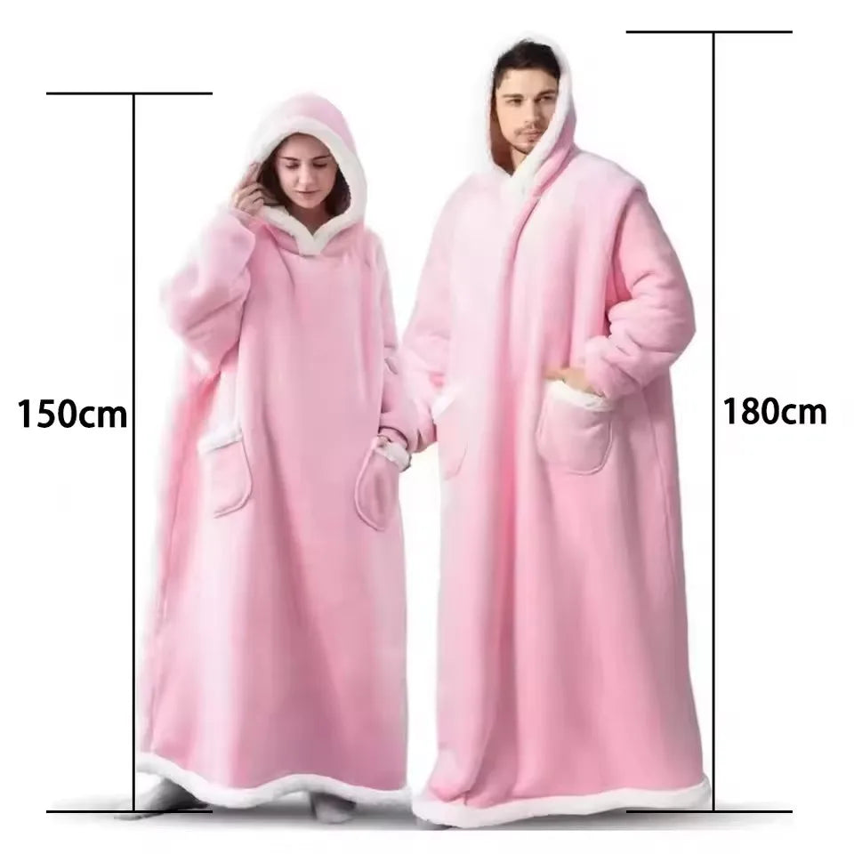 180cm Super Long Flannel Blanket Pyjamas with Sleeves Winter Hoodies Sweatshirt Women Men Pullover Fleece Giant Oversized Outdoo Pi-Mart