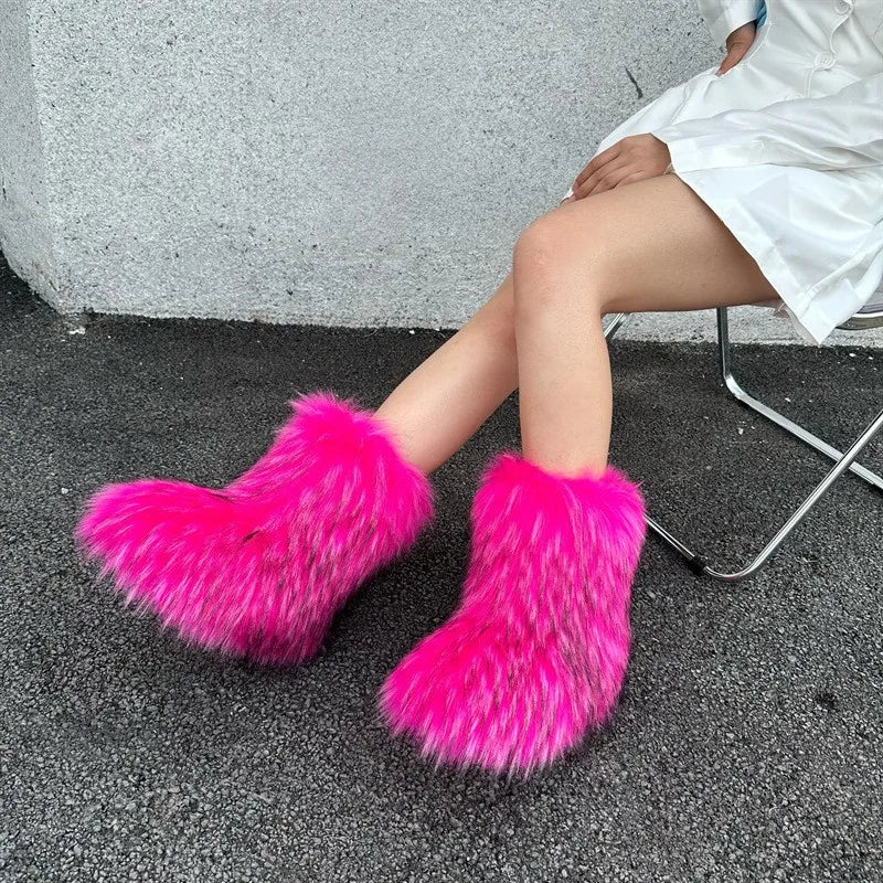 New Winter Fur Onepiece Raccoon Fur Female Snow Boots Fur Shoes Outdoor Mid Leg Boots LadyShow.Store