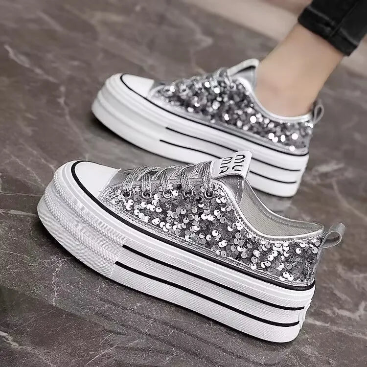 Woman Platform Sneakers Wedge Shoes Female Spring Autumn Sequins Bling Casual Shoes Ladies Thick-soled Canvas Shoes Pi-Mart