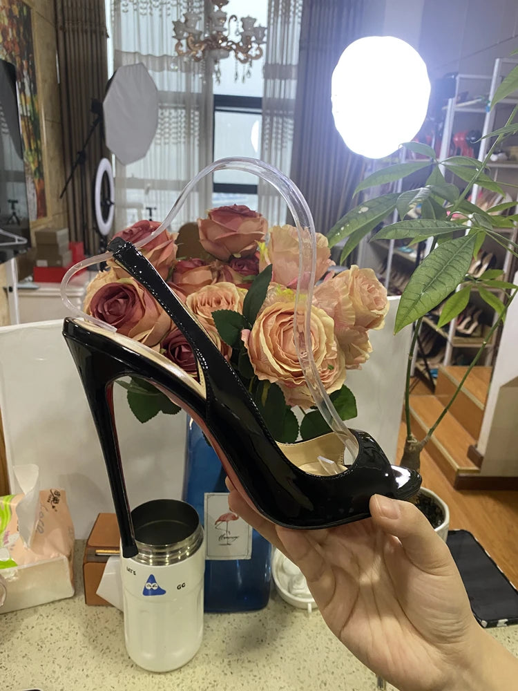 Black Fish Mouth Open toed Ultra High Heels 12cm Rear Tripstrap Thin Heel European and American Sexy Women's Large Sandals Pi-Mart