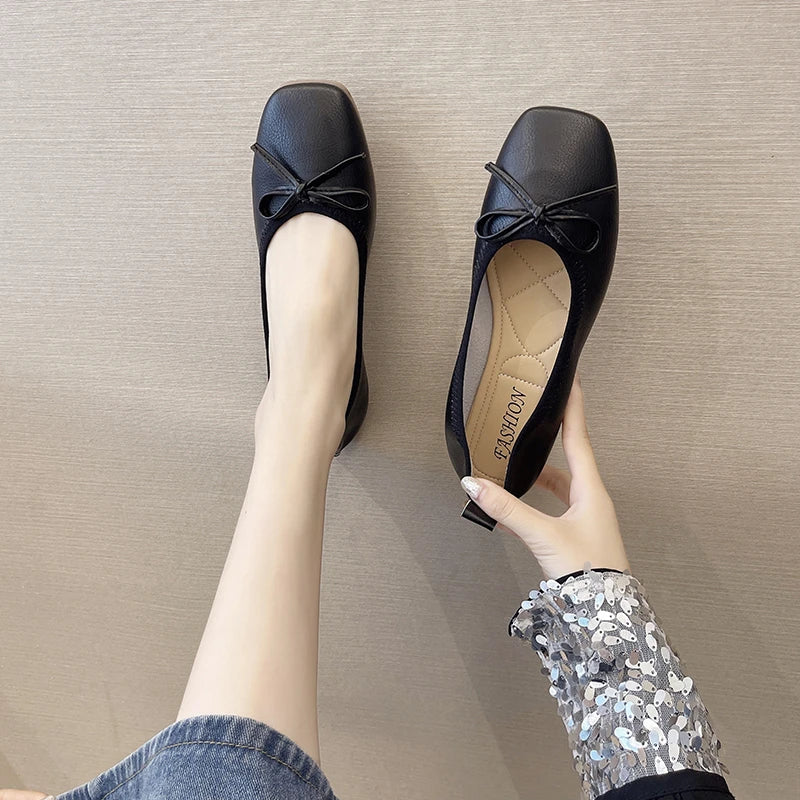 2026 Brand Women Flats Spring New Square Toe Bowknot Ladies Casual Ballet Shoes Big Size Slip on Soft Eelgant Dress Shoes 12457 Pi-Mart