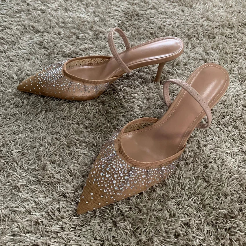 New Summer Women's Sandals Rhinestone Bright Mesh High Heels Footwear Elegant Slingback Pointed Slip on Party Lady Pumps Shoes LadyShow.Store