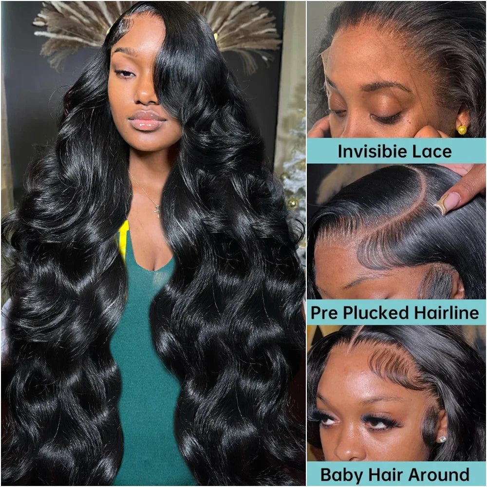 Body Wave 13x6 HD Transparent Lace Front Human Hair Wig 40 Inch Pre Plucked 220 Density 5x5 Glueless Lace Frontal Wigs for Women LadyShow.Store