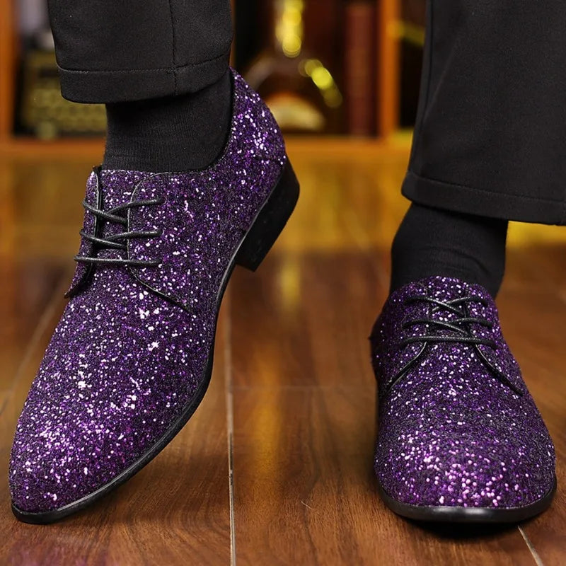 Luxury Men Dress Shoes Gold Silver Sequin Wedding Shoes High Quality Lace-Up  Oxford Shoes Fashion Designer Men Flats Large Size Pi-Mart