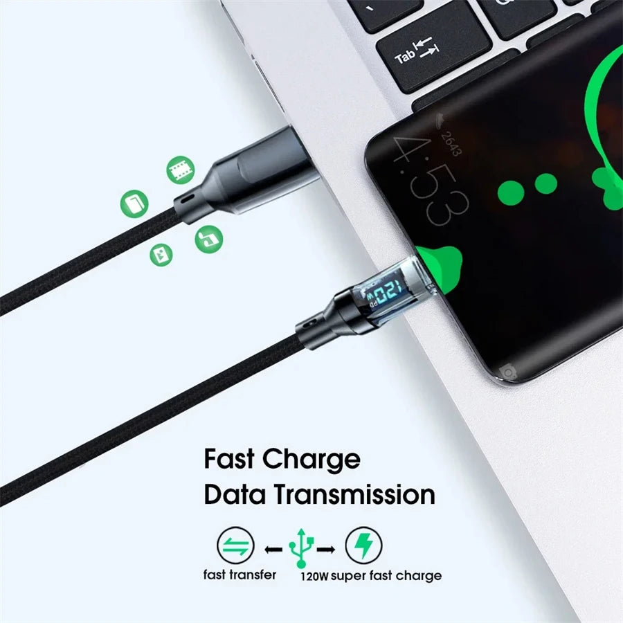120W Super Fast Charging Cable Real-time Digital Display USB A to Type C Data Cable For iPhone Android Phones Universal Pi-Mart