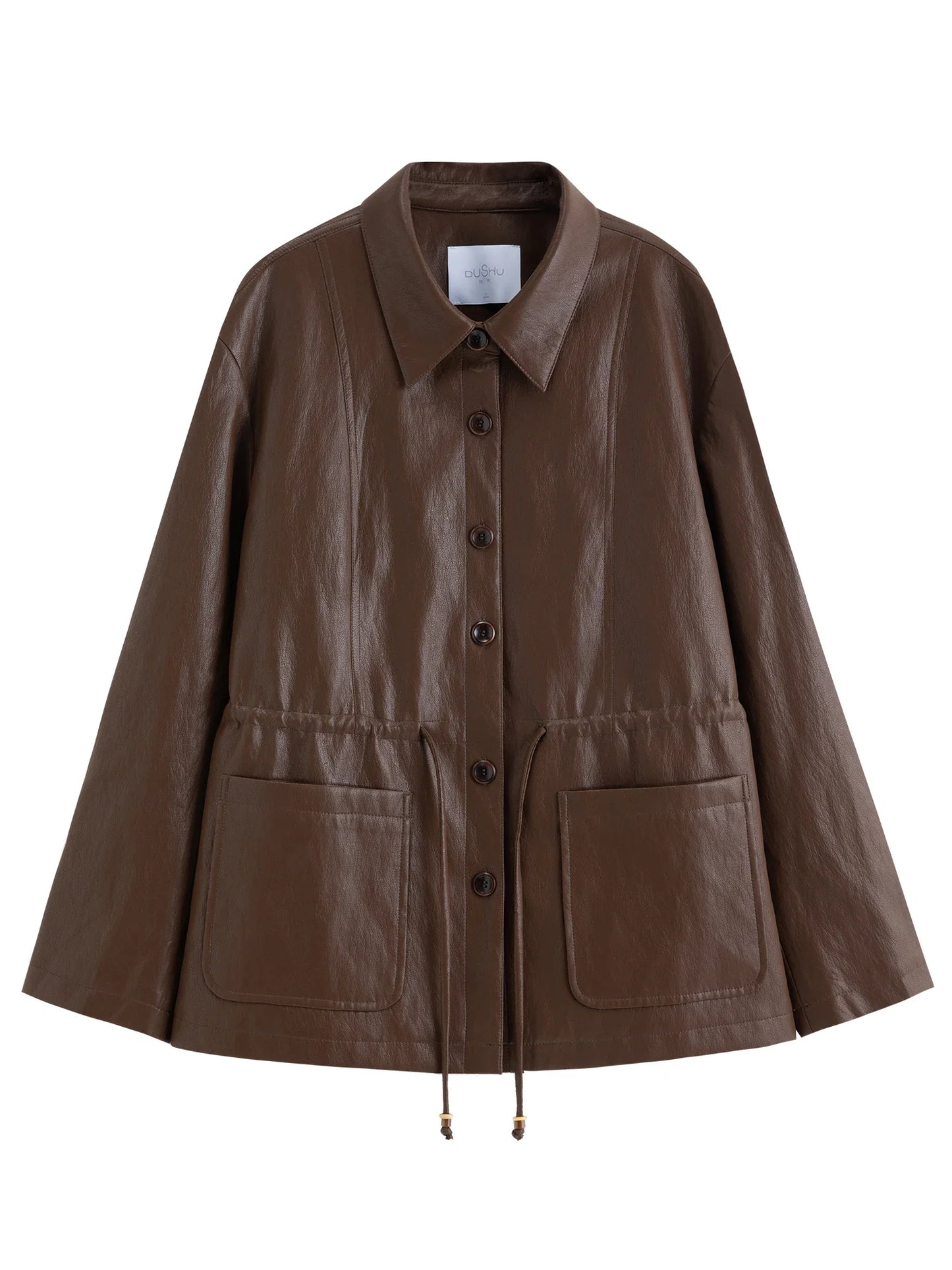 DUSHU 2026 Spring Women's Drawstring Waist Oversized Leather Jacket - Flattering Fit Cropped Motorcycle Style PU Coat for Casual LadyShow.Store