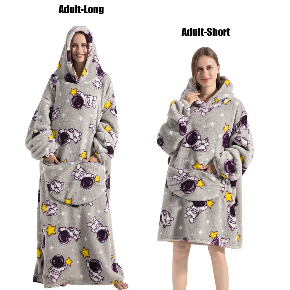 Women Plush Fleece Blanket Men Warm Thick Hoodies Adult Giant TV Blanlets with Sleeves Super Long Cold-proof Homewear Pajamas Pi-Mart