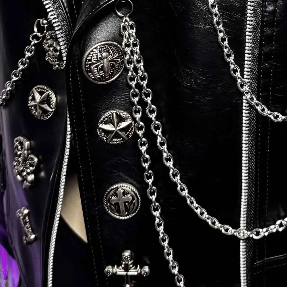 Gothic E-Girls Skull PU Leather Jacket Y2K Trendy Punk Rock Harajuku Chain Cross Street Wear Digital Glitch Core Club Goth Pi-Mart