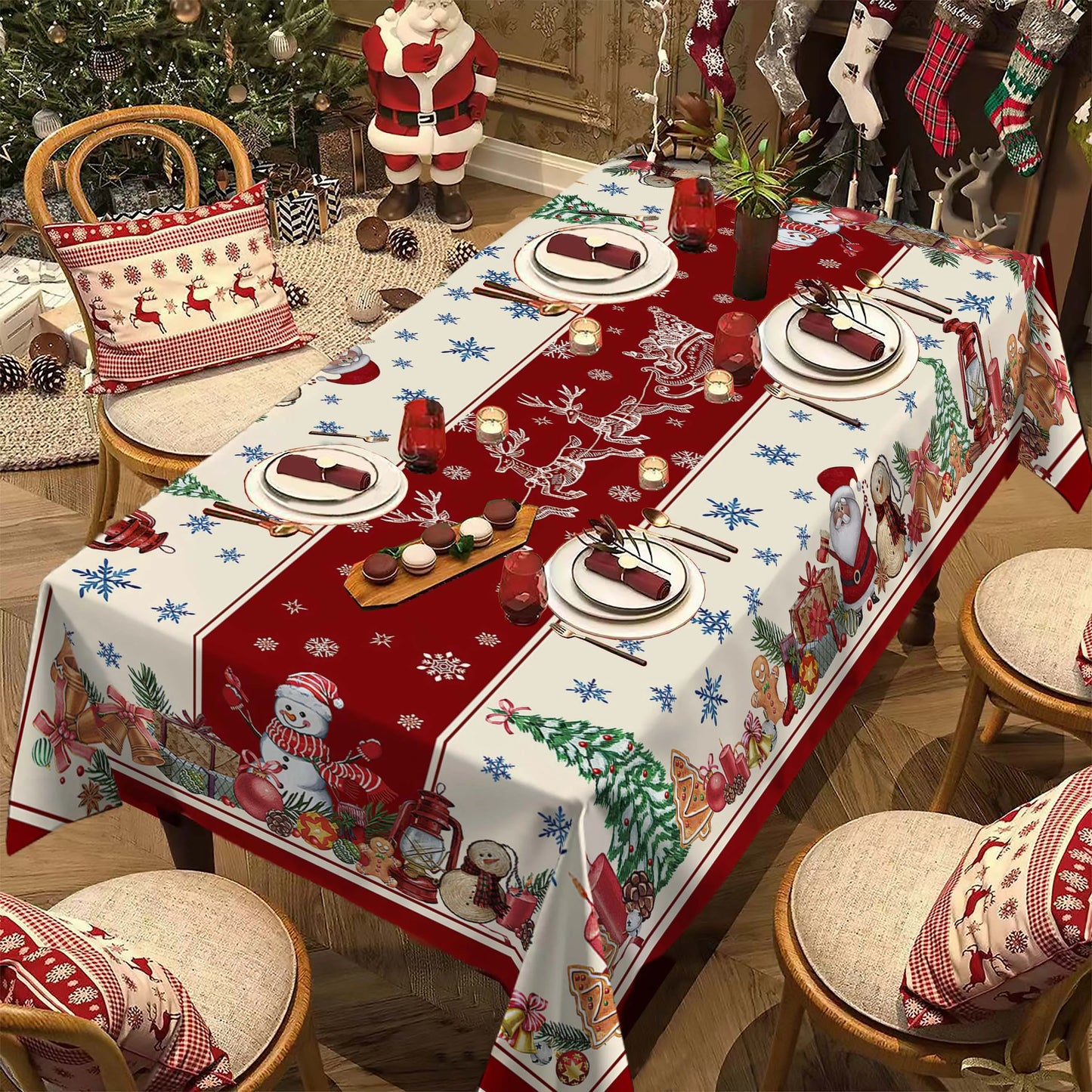 Christmas Rectangle Tablecloth, Poinsettia Design Tablecloth For New Year Party And Dinner Christmas Table Decor Tablecloth Pi-Mart