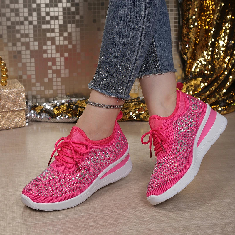 Women's Rhinestone Embellished Knit Mesh Wedge Sneakers, Adjustable Lace-Up Closure, Daily Walking Casual Footwear Pi-Mart