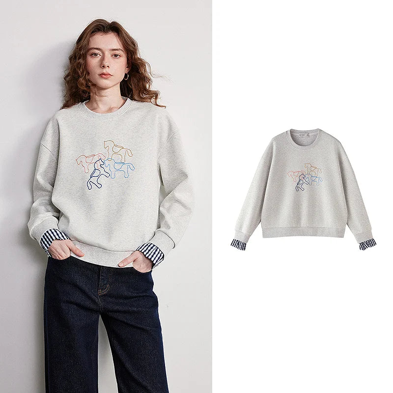 TOYOUTH Women Crewneck Patchwork Plaid Fake Two-Piece Pony Embroidery Loose Sweatshirt 2026 Spring New Tops LadyShow.Store