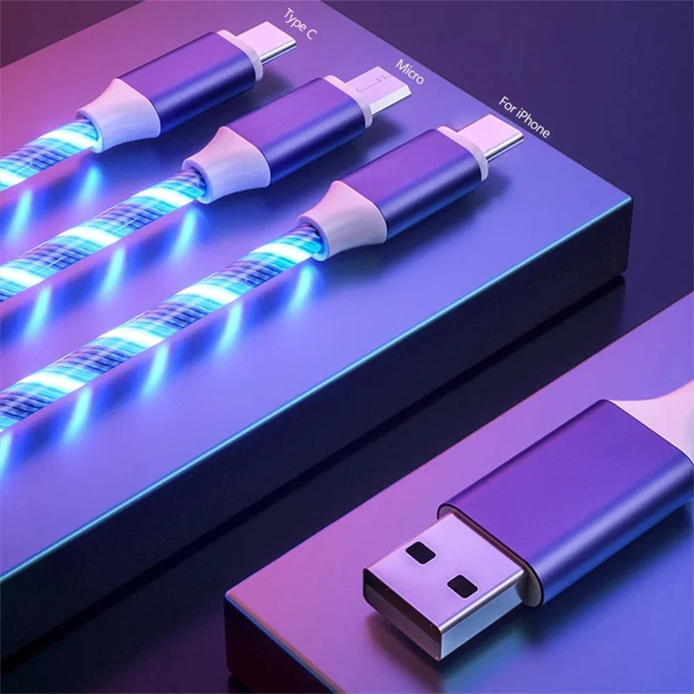 Glowing LED Light USB 3 IN 1 cable Phone Fast Charging Charger Luminous Type C Cable For Xiaomi iPhone Phone Accessories Pi-Mart