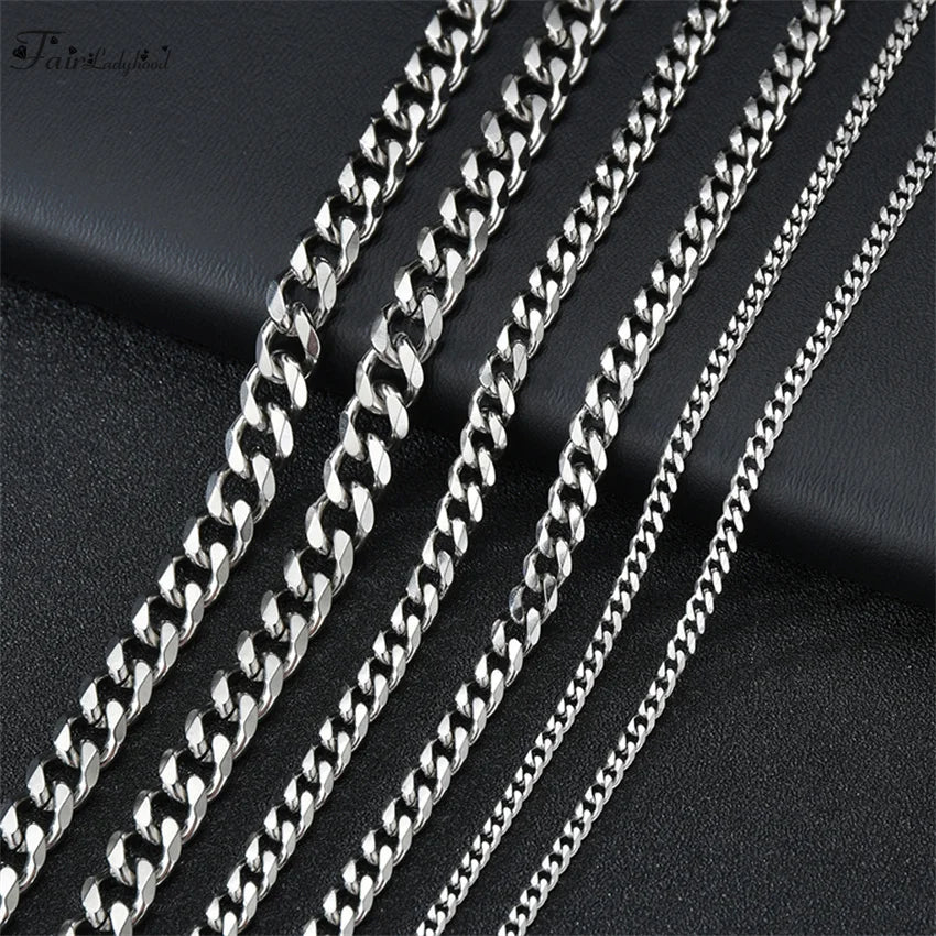 1 piece Size 3.6mm-9mm Men's Necklace Stainless Steel Cuban Link Chain Bracelet Necklace Steel Color Male Jewelry Pi-Mart